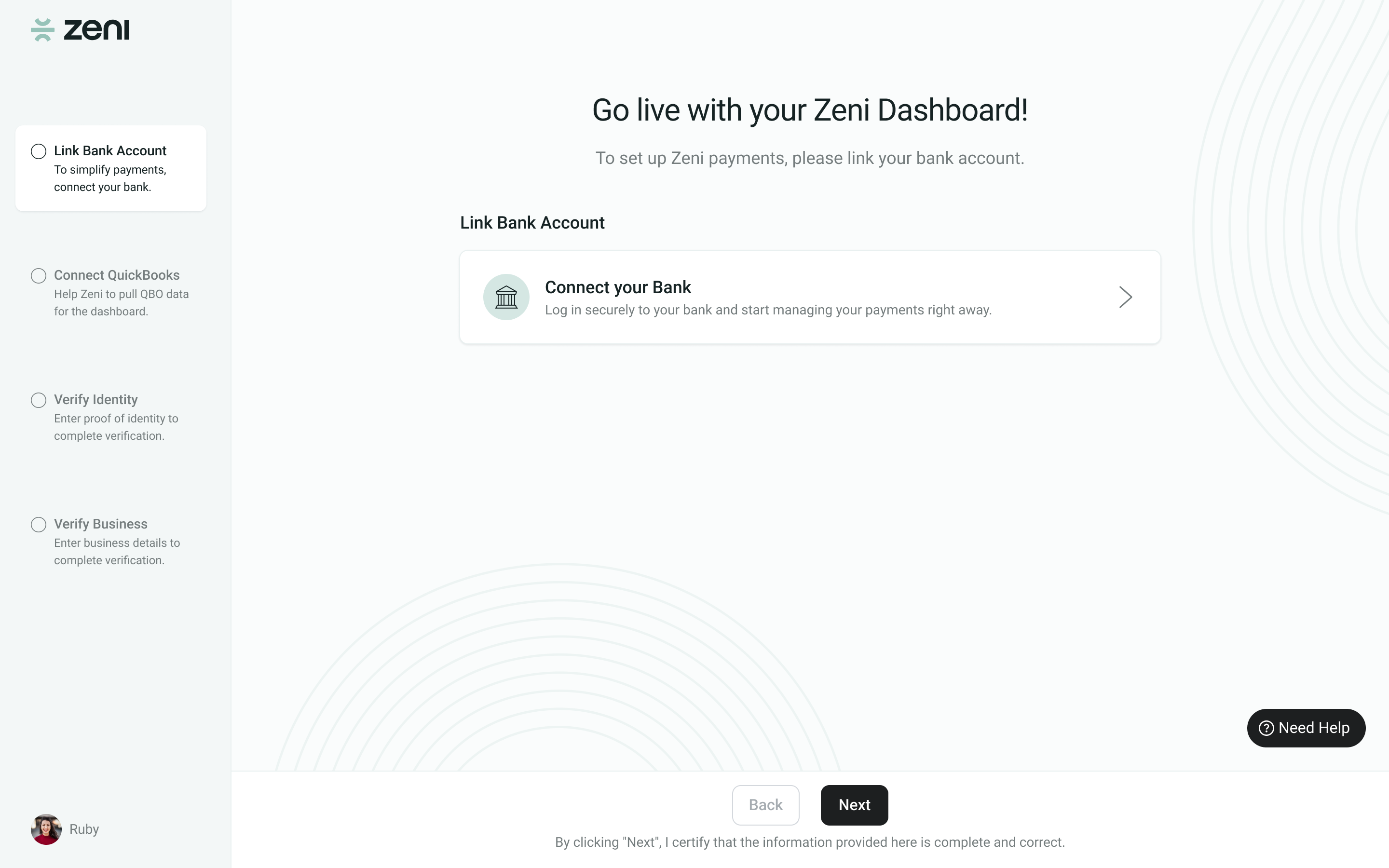 Zeni onboarding screens for customer account setup and connection steps