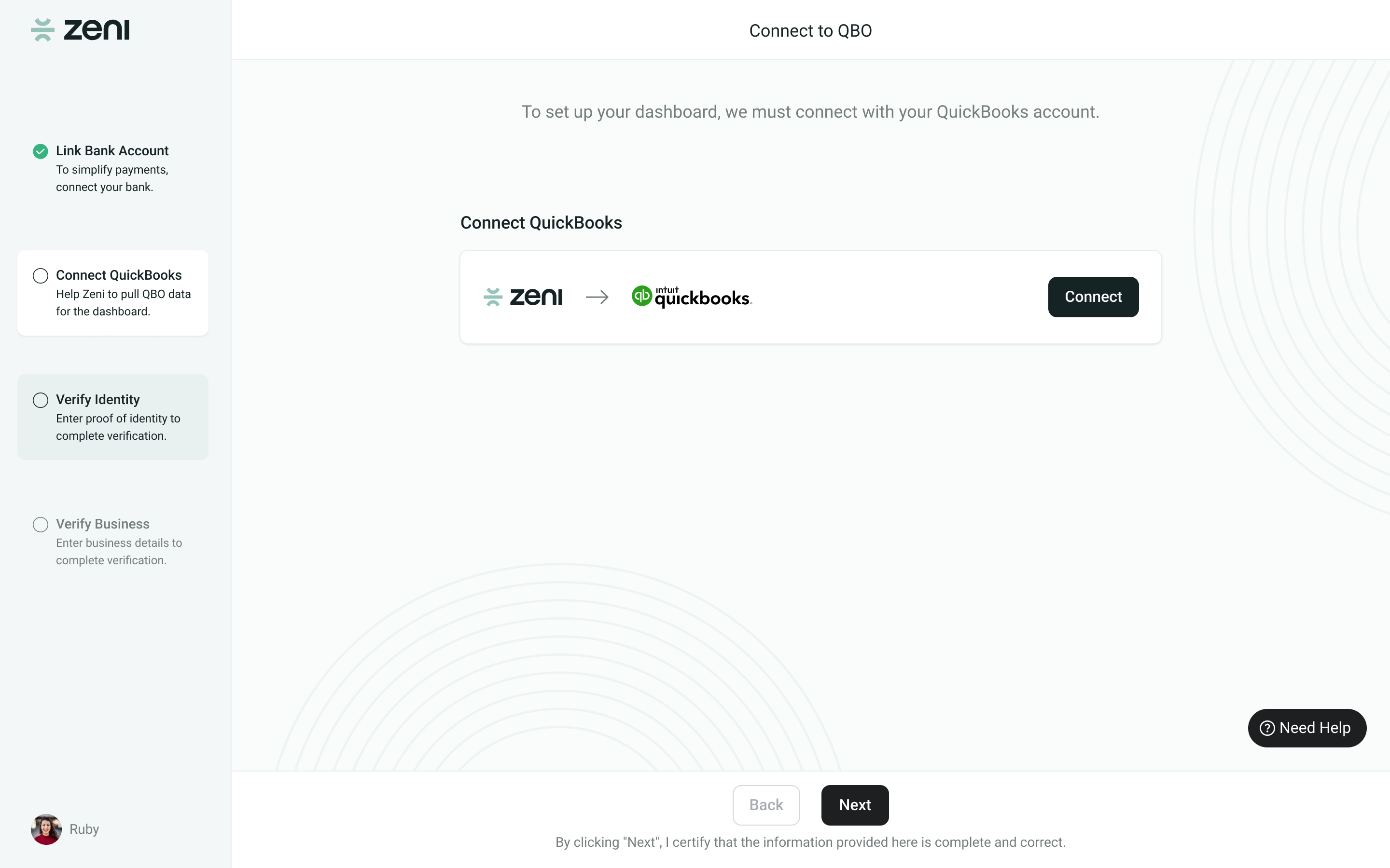 Zeni onboarding customer flow with guided setup and progress states