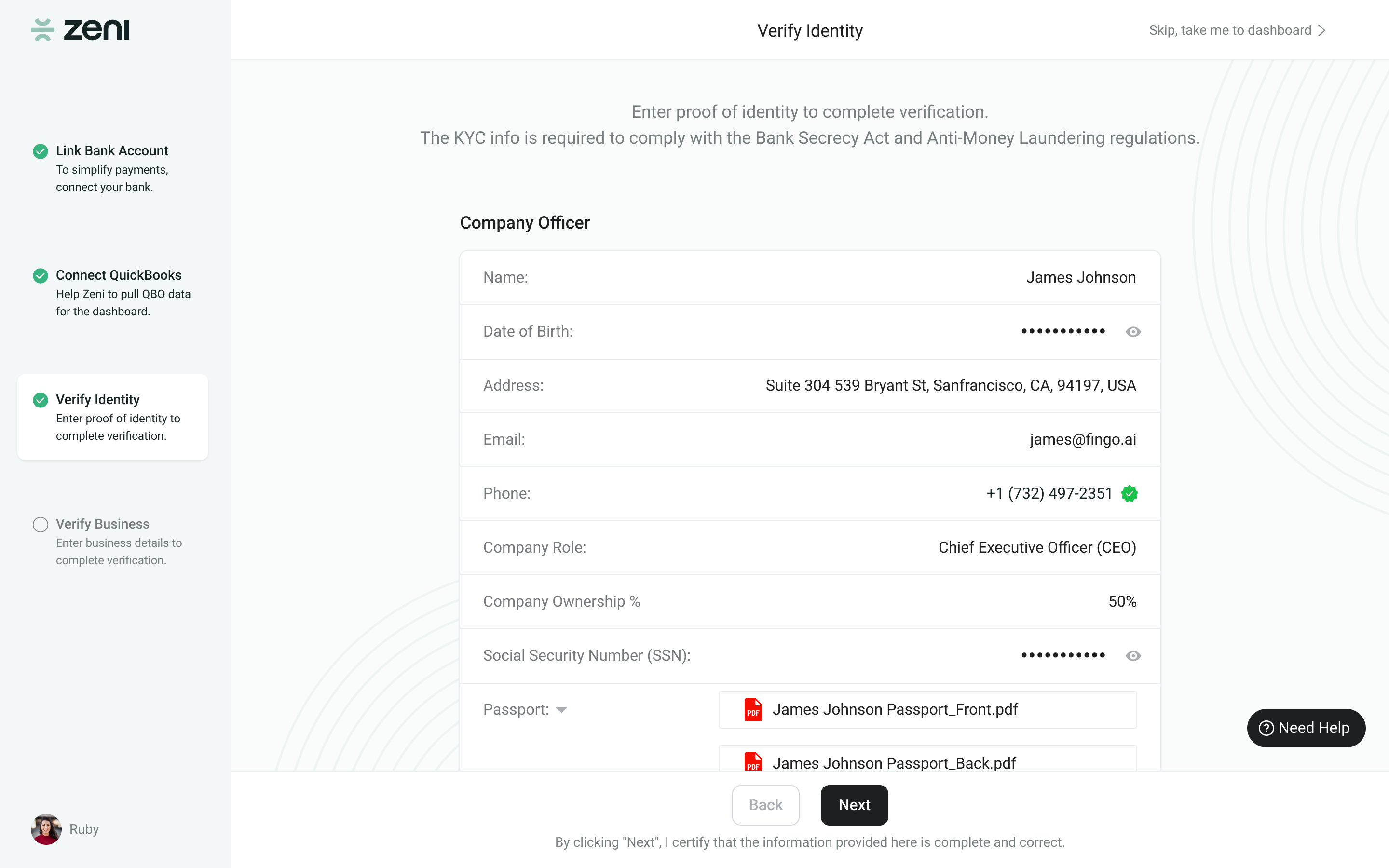 Internal review and activation tooling supporting the Zeni onboarding flow