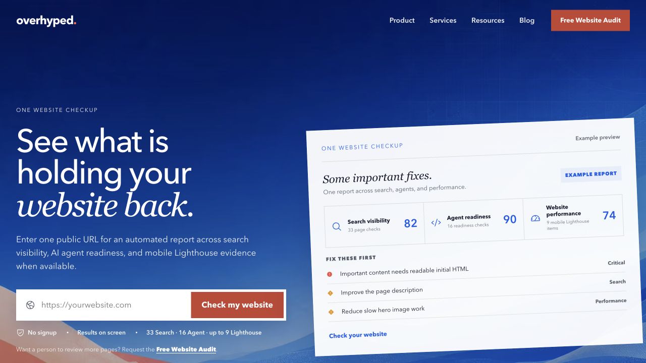 Overhyped homepage showing its One Website Checkup form and an example report for search visibility, agent readiness, and performance